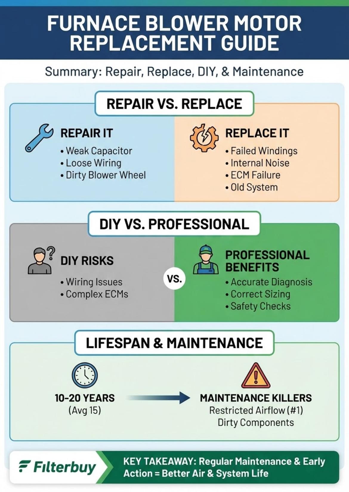Furnace blower motor replacement guide comparing repair vs replacement, DIY vs professional installation, common failure signs, lifespan, and maintenance tips.