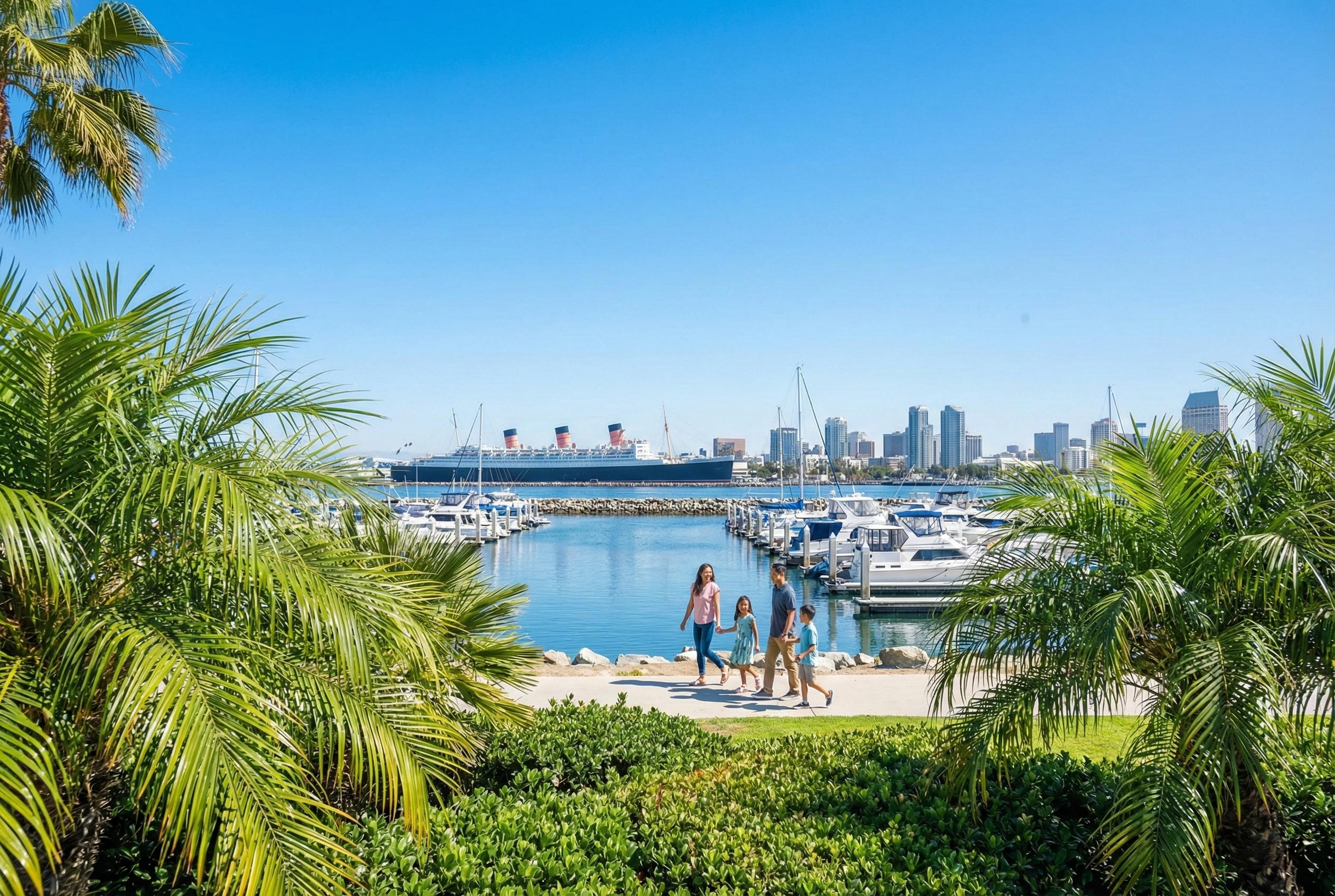 Clear day at Long Beach Marina showing outdoor air quality and healthy living supported by Filterbuy air filters.