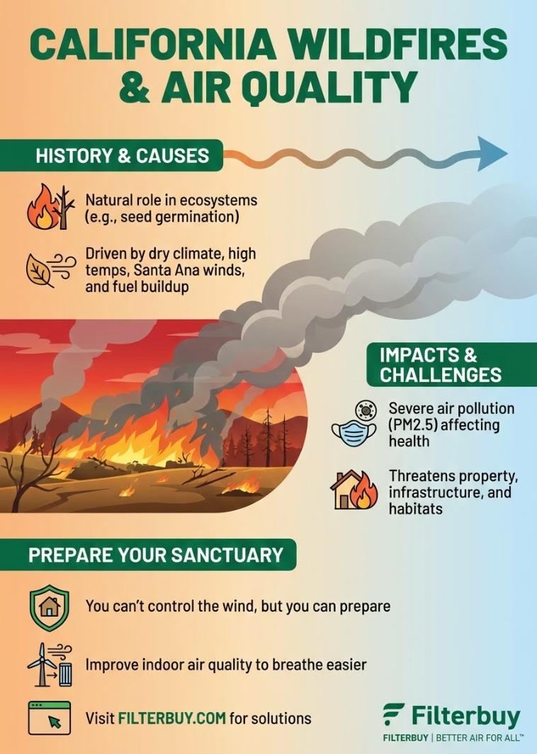 Infographic on california wildfires and air quality, history and causes and its impact and challenges homeowners experience.