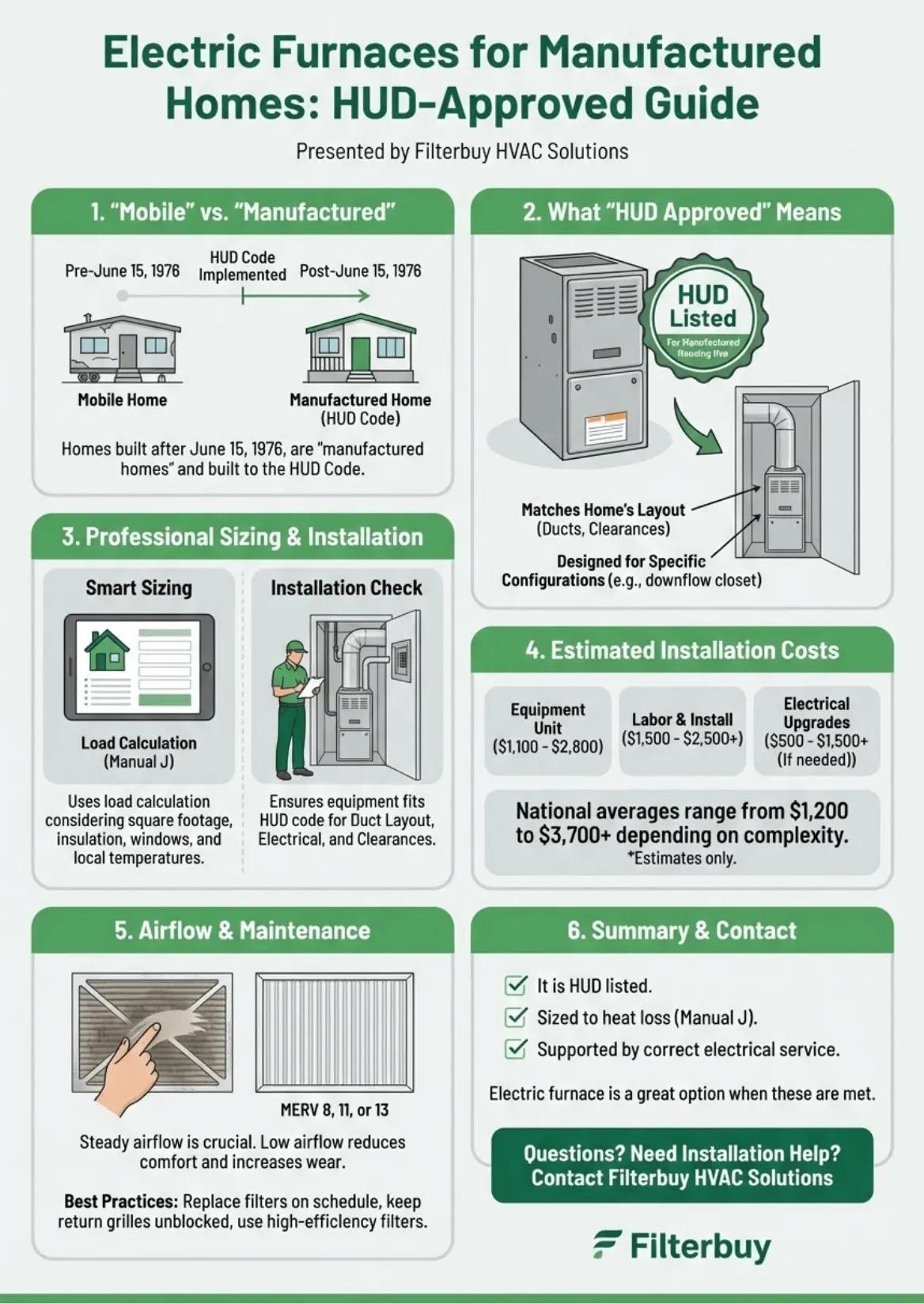 Infographic explaining HUD-approved electric furnaces for manufactured homes, showing mobile vs manufactured home definitions, professional sizing with Manual J load calculations, installation requirements, airflow maintenance, and estimated installation costs.