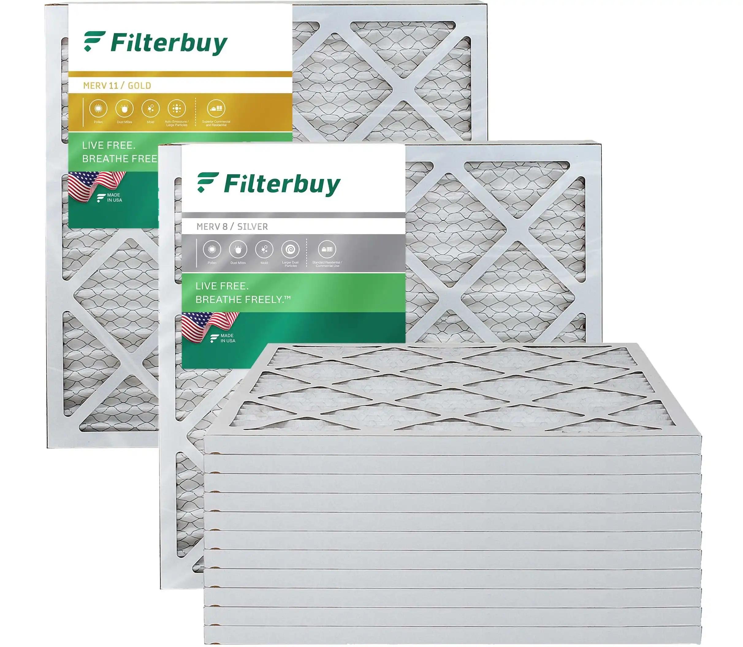 View of stacked Filterbuy air filters in MERV 8 and MERV 11 ratings with labeled packaging.