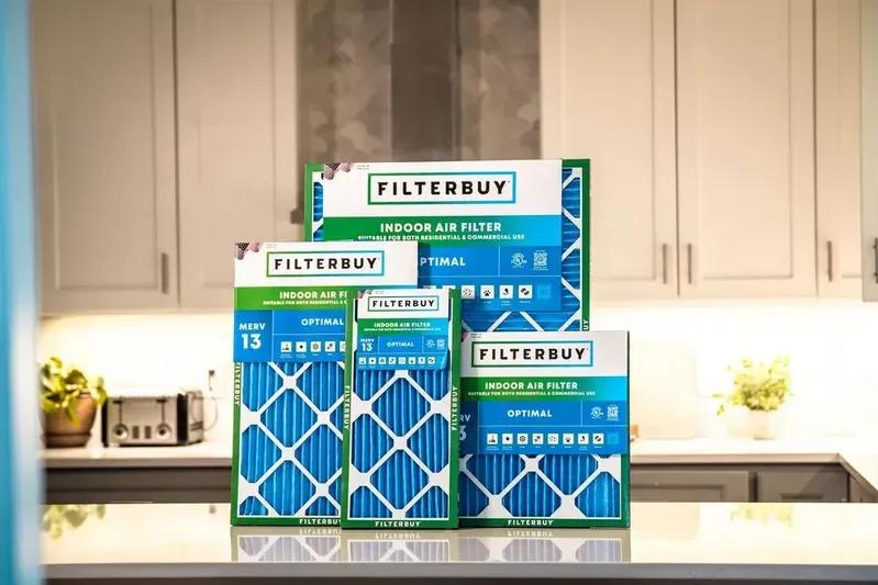 A view of multiple Filterbuy Optimal MERV 13 pleated air filter boxes.