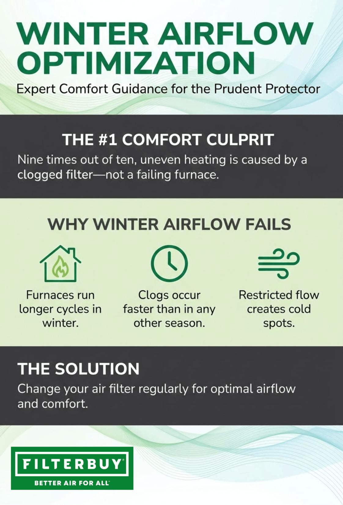 A view of infographic on temperature zoning & airflow winter explaining how to optimize home airflow and comfort in winter with a clean filter to prevent uneven heating and cold spots.