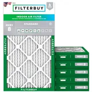 Filterbuy 18x36x2 pleated air filter shown in packaging with stacked HVAC furnace filters, featuring a MERV 8 design that enhances airflow while helping reduce indoor allergens and improve air quality.