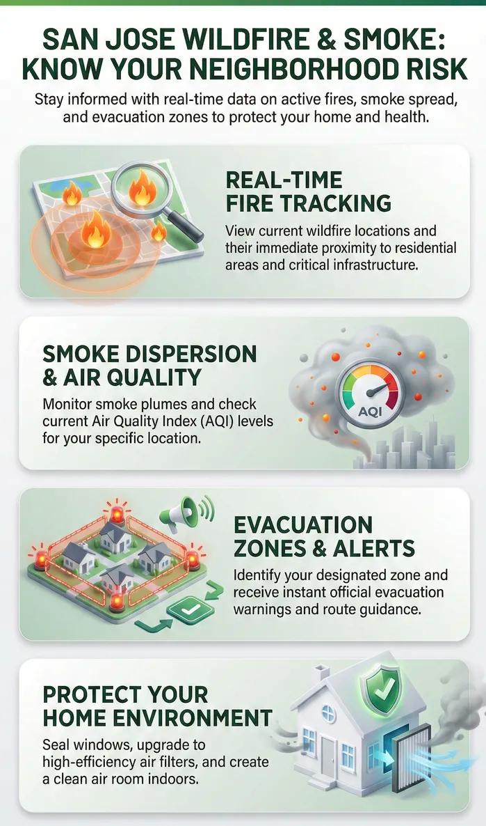 Infographic of Is Your Neighborhood at Risk? Current Live Forest Wildfire and Smoke Map Today in San Jose, CA | Evacuation Zones