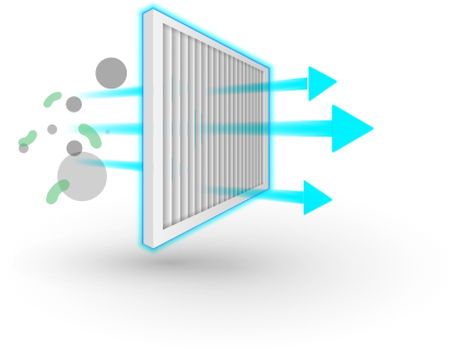 A view of a diagram showing air passing through an air filter with arrows indicating airflow and particle filtration.