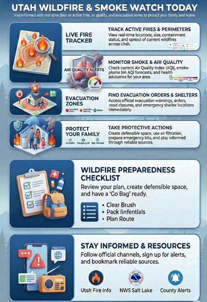 Infographic of Current Live Forest Wildfire and Smoke Map Today in Utah: Track Active Fires, Air Quality Alerts, and Evacuation Zones to Protect Your Family