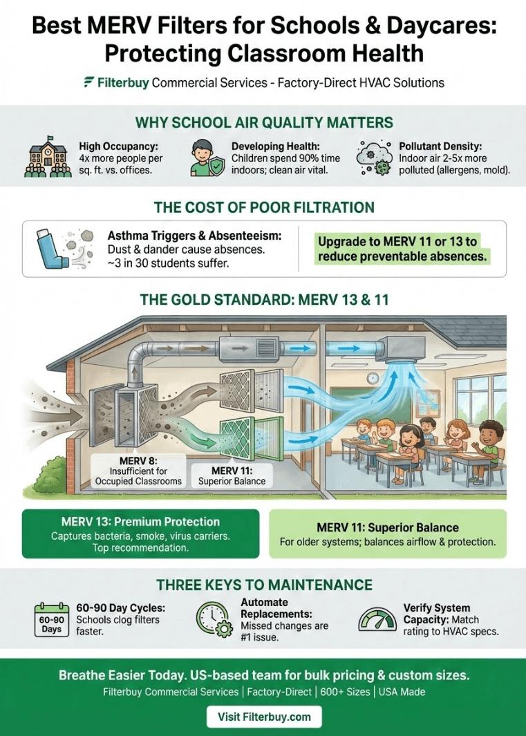 Infographic showing the bes MERV Filters for Schools and Daycares protecting classroom health. 
