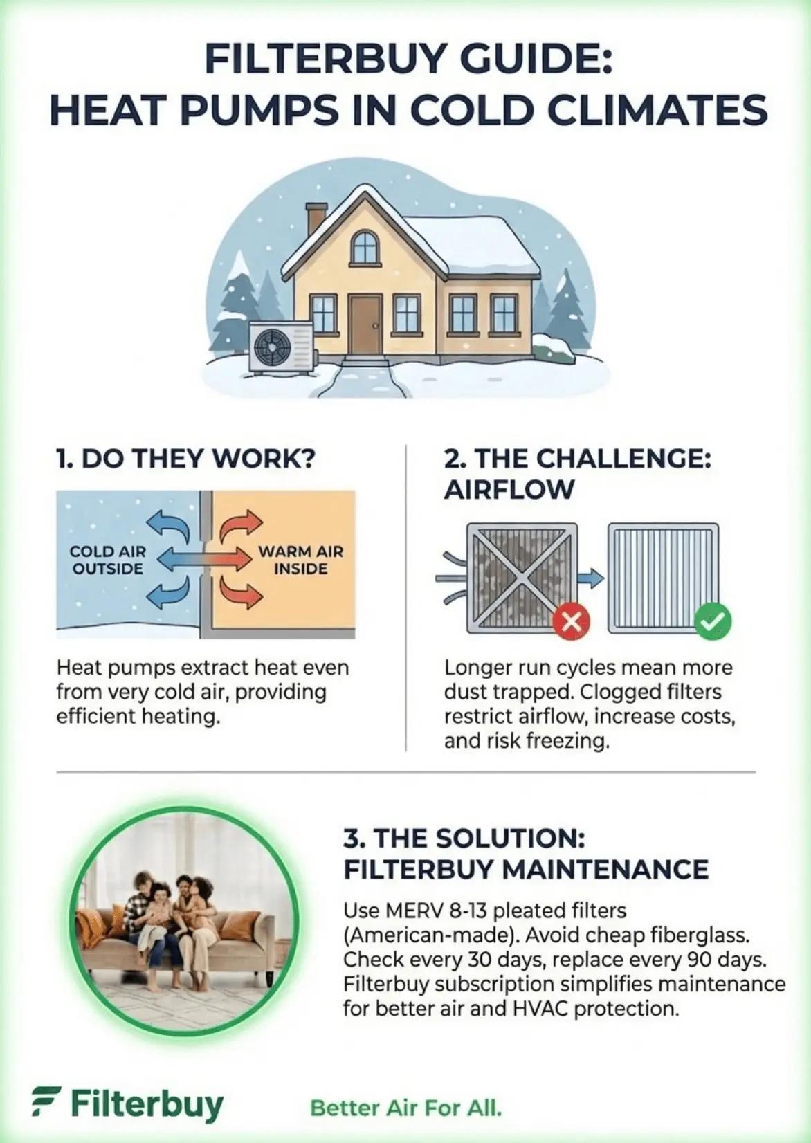 Filterbuy guide to using heat pumps in cold climates with airflow tips, MERV 8–13 filter maintenance, and cold weather efficiency solutions.