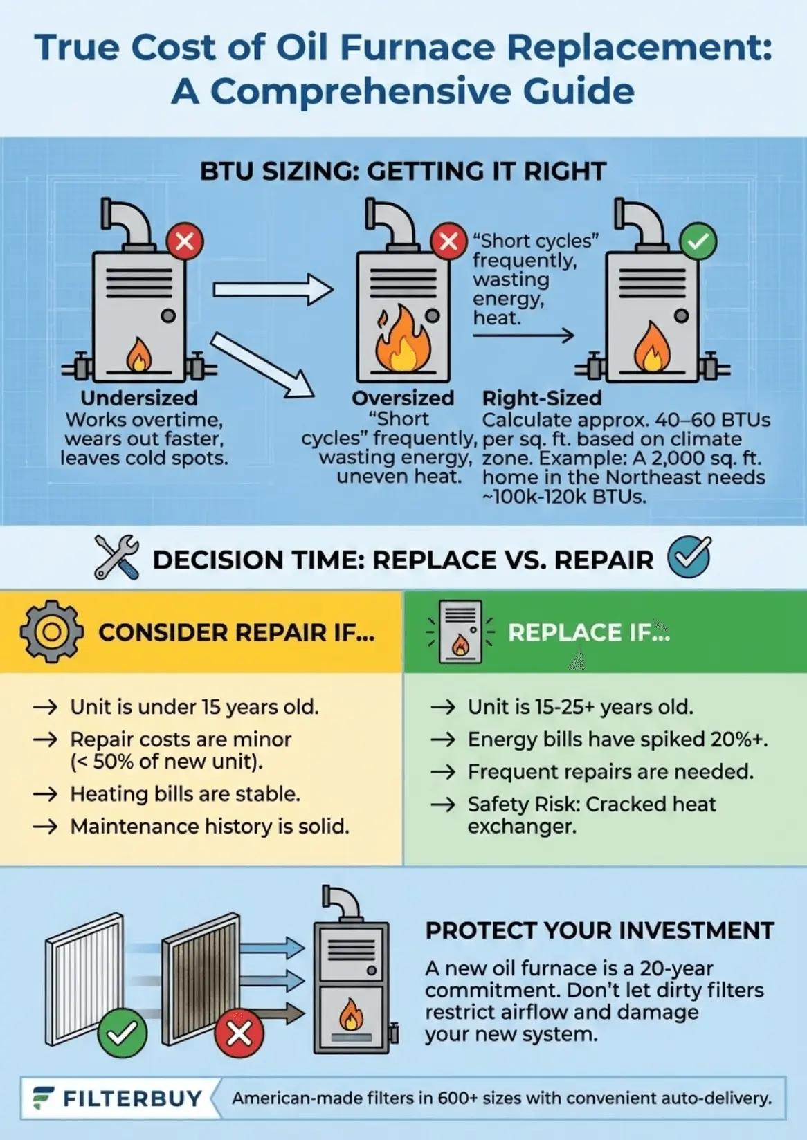Oil furnace heating system infographic showing repair vs replace decision and proper BTU sizing