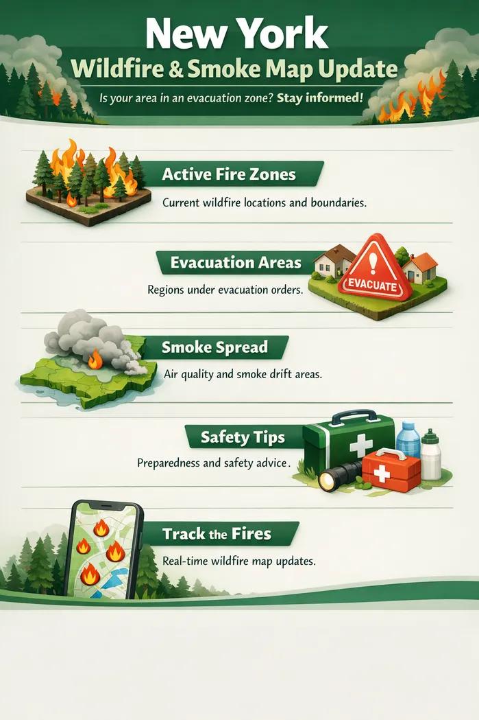 Infographic of Current Live Forest Wildfire & Smoke Map Today in New York: Is Your Area in an Evacuation Zone? | Track Fire Boundaries