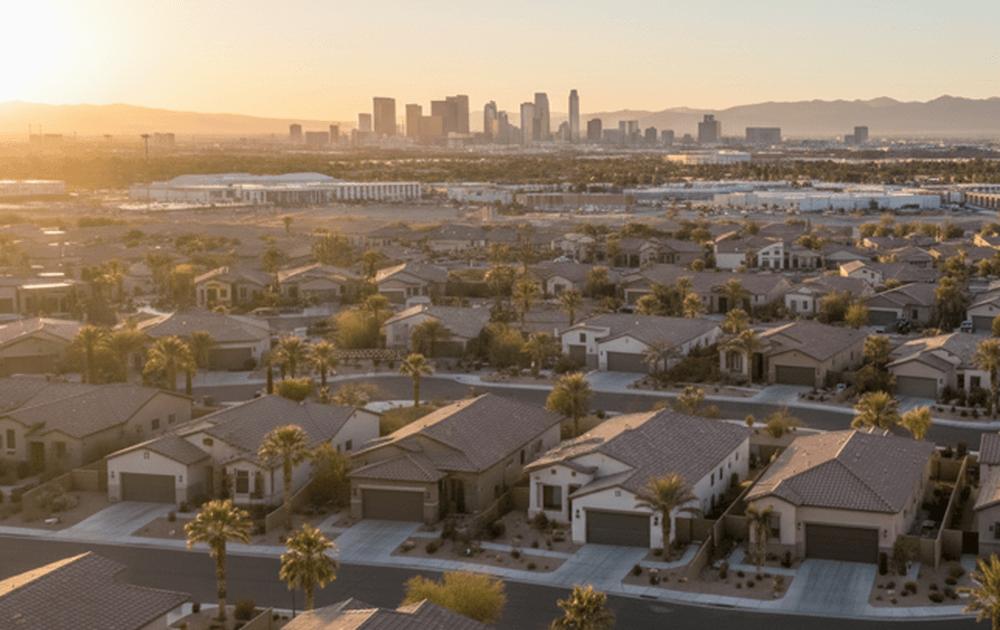 An image of suburban homes in Las Vegas, Nevada, under a hazy sunset sky.