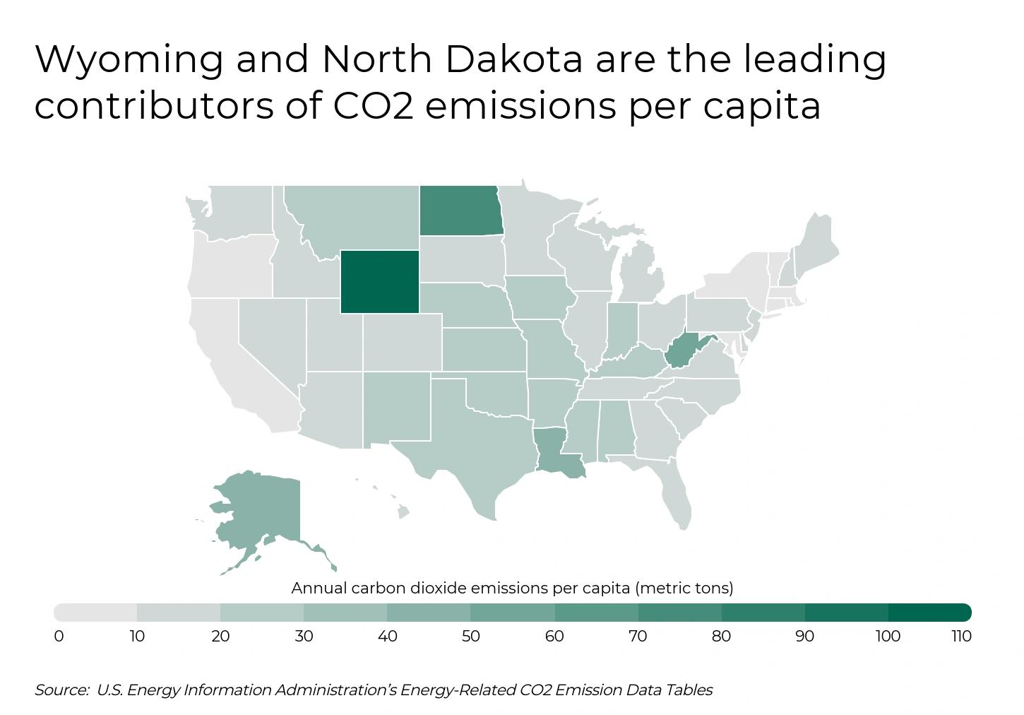 States and Counties With the Highest Rates of Lung Cancer - Infographics of a U.S. map highlighting Wyoming and North Dakota as top contributors to CO2 emissions per capita, with varying levels across other states.