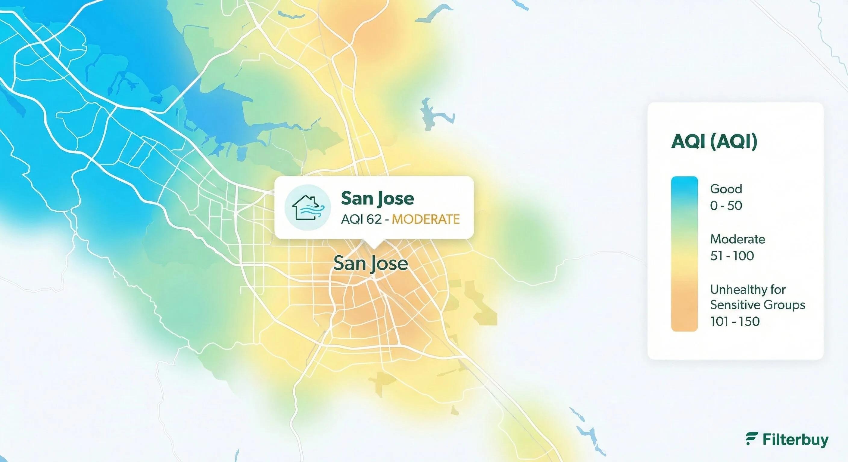 San Jose Air Quality Index (AQI) map showing a moderate AQI of 62, with a color-coded legend and Filterbuy logo, used to check local air quality and determine air filter needs.