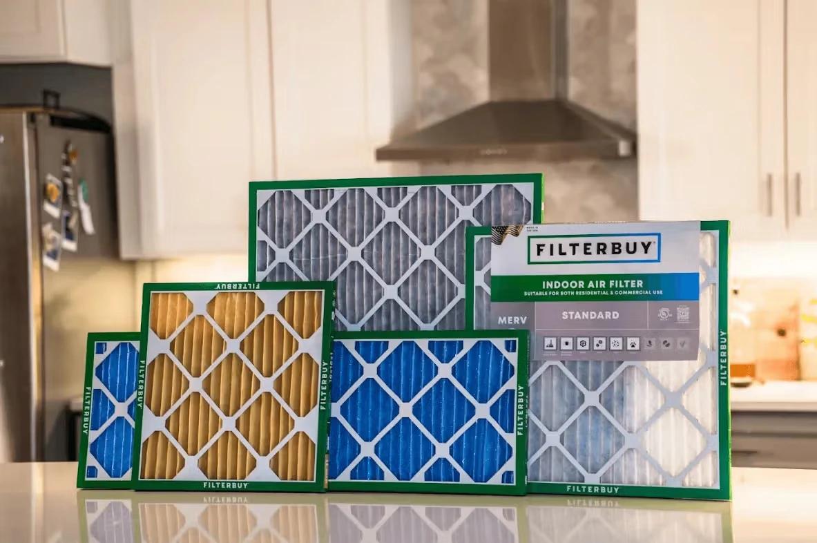 Filterbuy HVAC air filters in different MERV ratings for residential and commercial use.