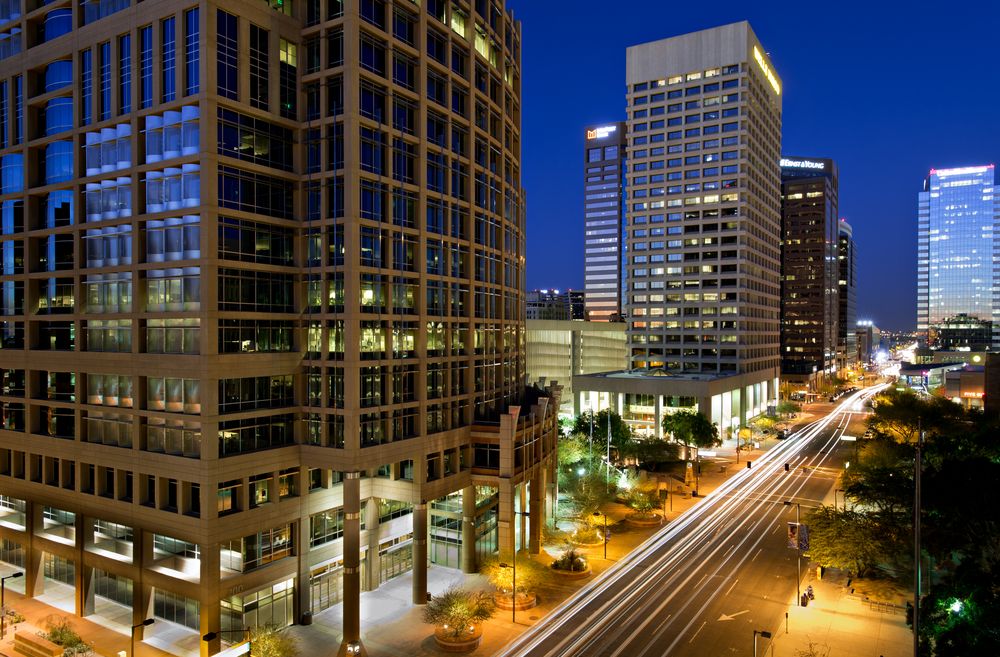 Downtown Phoenix, Arizona illuminated at night with traffic light trails