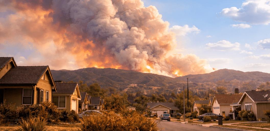Live view of forest wildfire smoke affecting neighborhoods in Orange CA, illustrating current fire activity and air quality conditions today