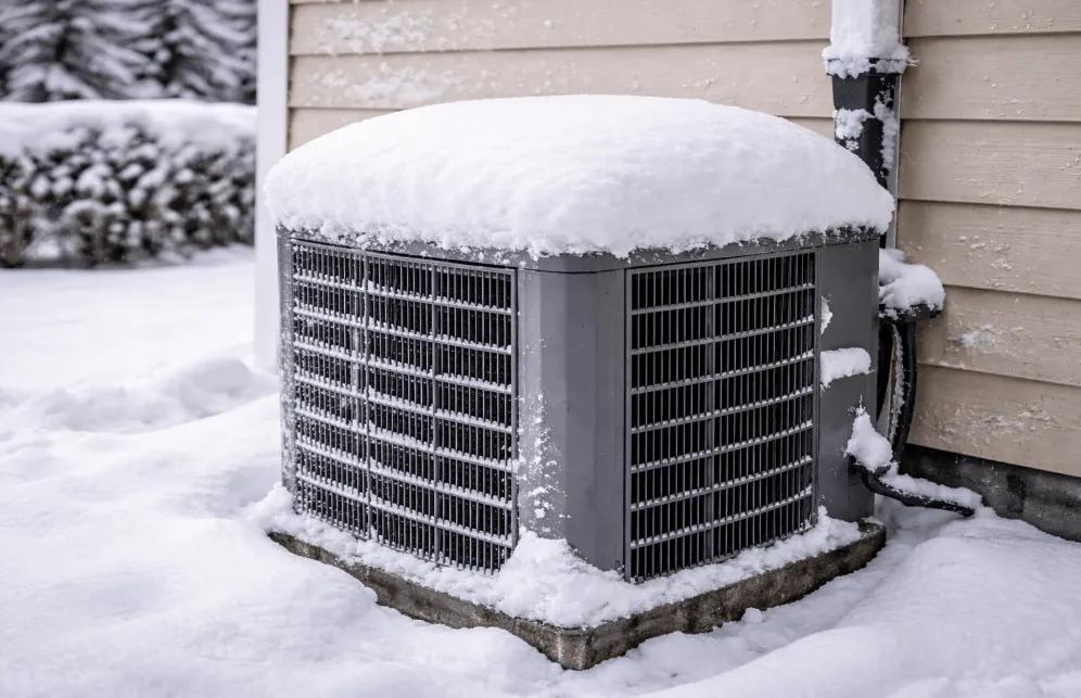 view of a snow-covered outdoor HVAC unit next to a house during winter, illustrating ways to prepare your HVAC system for freezing winter weather.