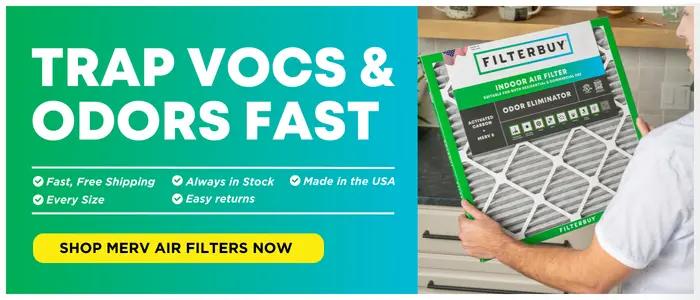 Filterbuy activated carbon MERV air filter designed to trap VOCs and odors fast with free shipping and made in USA badge.
