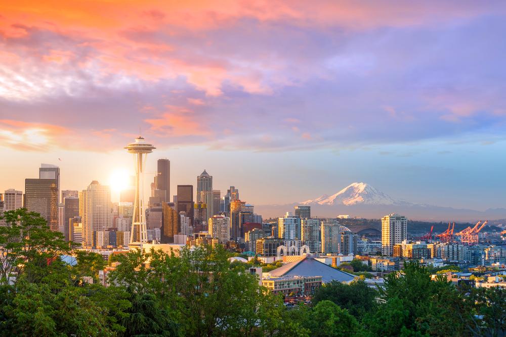 Image of washington skyscrapers during sunset.