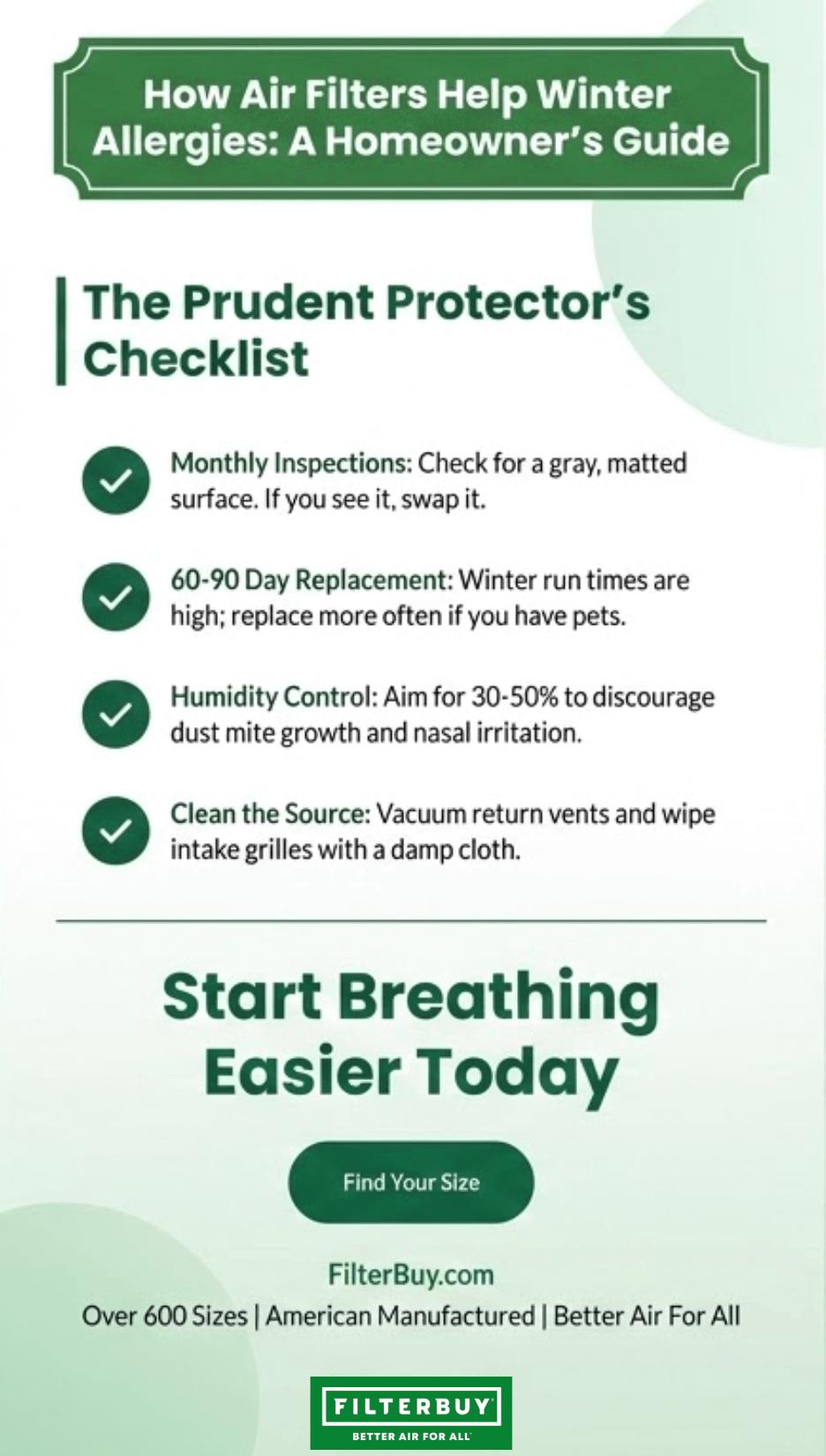 An infographic showing a winter checklist with monthly inspections, 60–90 day replacement, humidity control, and vent cleaning tips.