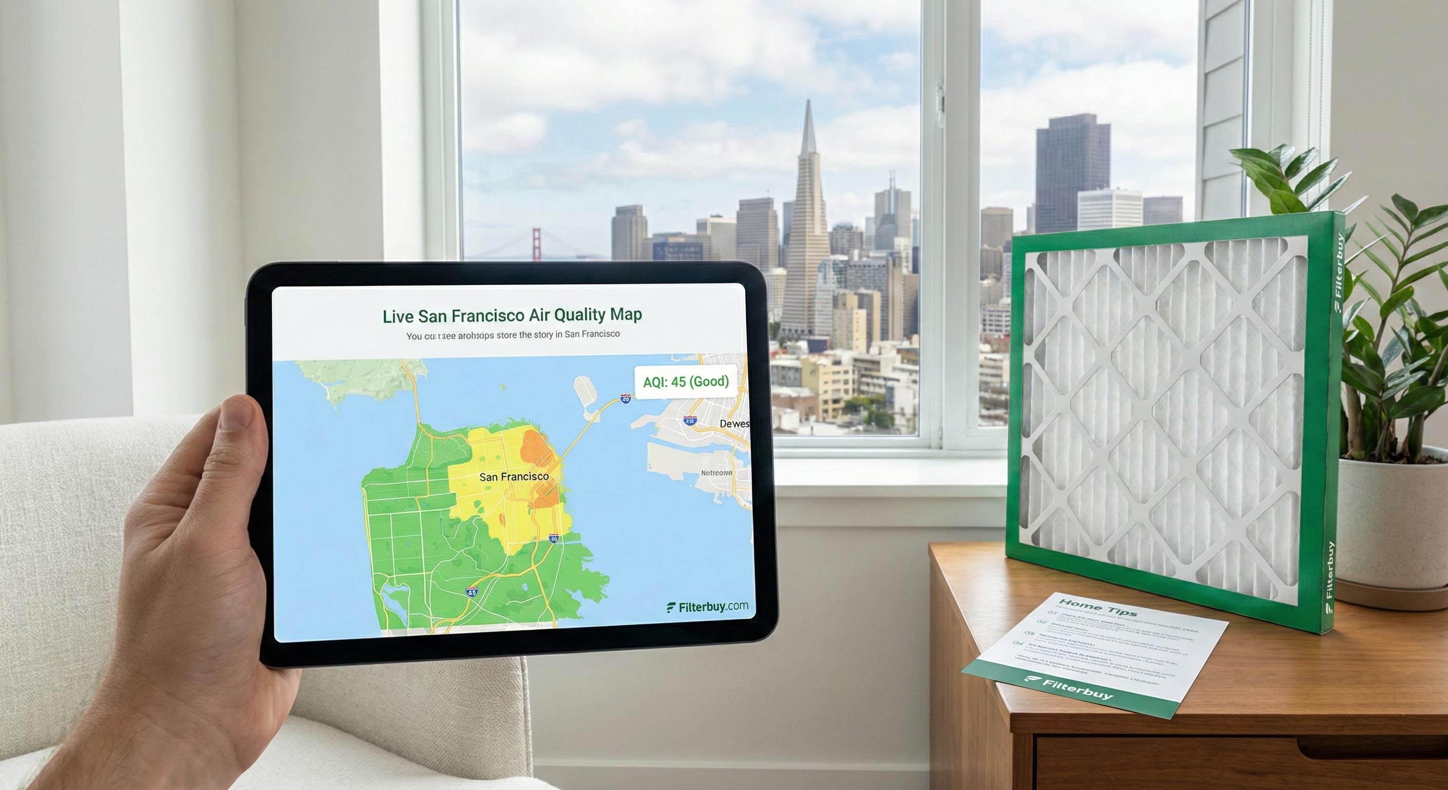 Live San Francisco air quality index map with Filterbuy HVAC air filter supporting cleaner indoor air.