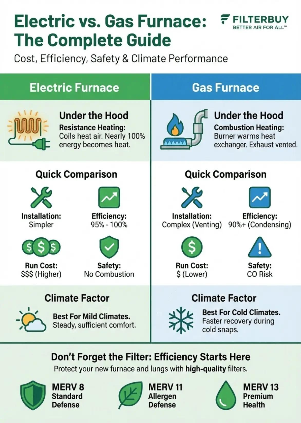 Side-by-side infographic comparing electric and gas furnaces, highlighting installation complexity, energy efficiency, operating costs, safety considerations, climate suitability, and recommended MERV air filter ratings.