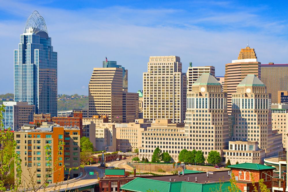 Image of Cincinnati skyline with modern skyscrapers.