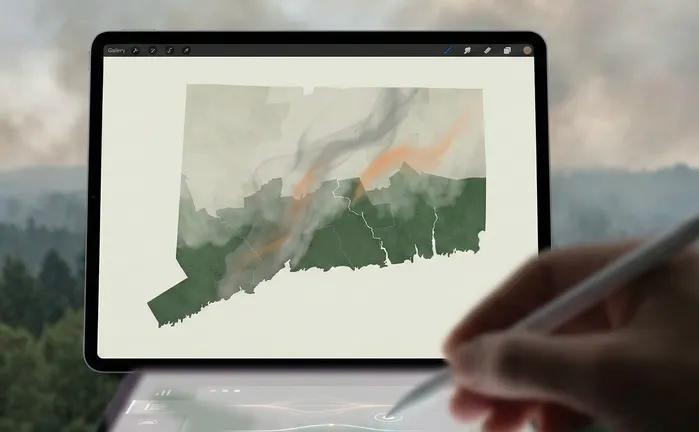 A digital tablet displaying an illustrated map of Connecticut showing wildfire smoke plumes in grey and orange drifting across the state's green terrain, with a hand holding a stylus in the foreground and a hazy, smoke-filled mountain landscape visible in the background.`