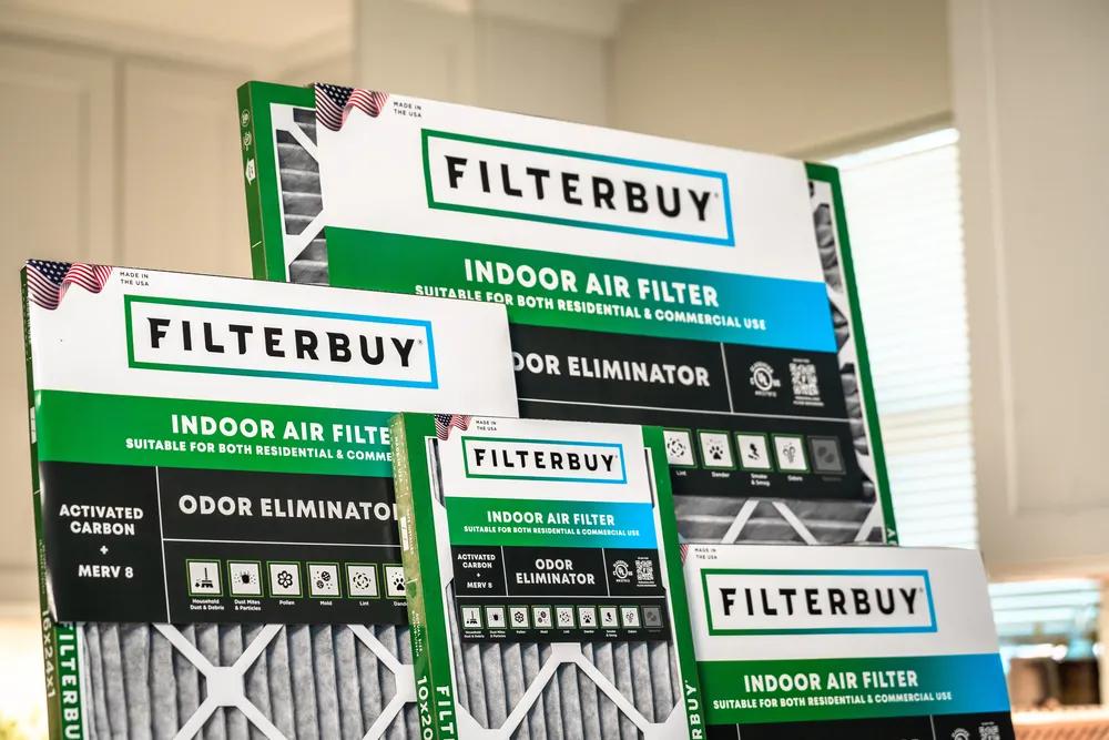 A view of FilterBuy carbon air filters for furnaces and HVAC air conditioners, featuring MERV 8 odor eliminator design for residential and commercial use.