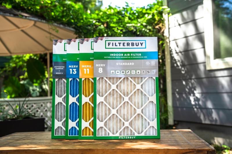 Skuttle Humidifier Air Filter Replacement Guide - Image of various Filterbuy air filters displayed outdoors, featuring MERV 8, 11, and 13 filters with activated carbon, showcasing air filtration options.
