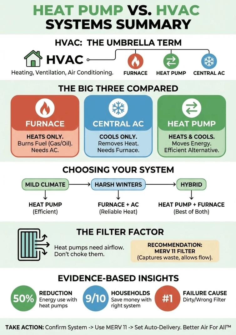 Infographic showing heat pump vs HVAC systems, what's the difference and what's needed to maintain them