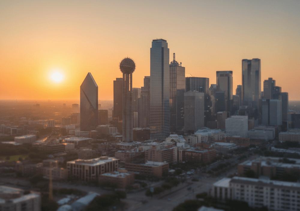 An image of the Dallas Texas skyline at sunset used for the Live Air Quality Index AQI Map Dallas Texas Today.