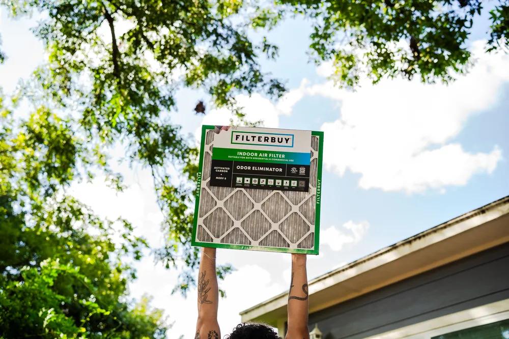 View of a Filterbuy indoor air filter being held by a person against a backdrop of trees and sky, representing activated carbon filter sheets and charcoal pads.
