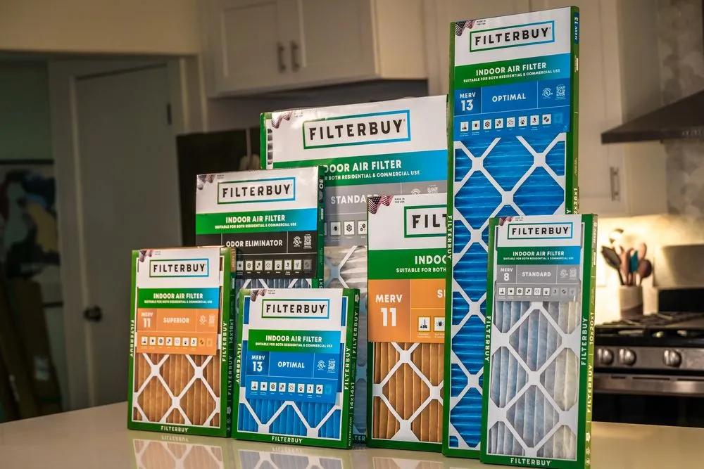 Image of different Filterbuy air filters for all sizes and MERV ratings.