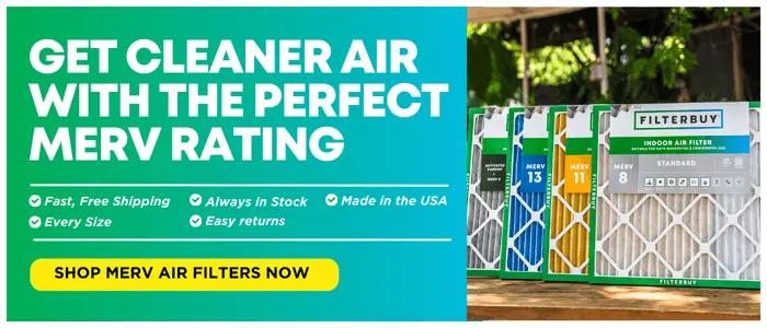 Banner promoting MERV air filters for cleaner indoor air with Filterbuy products. 