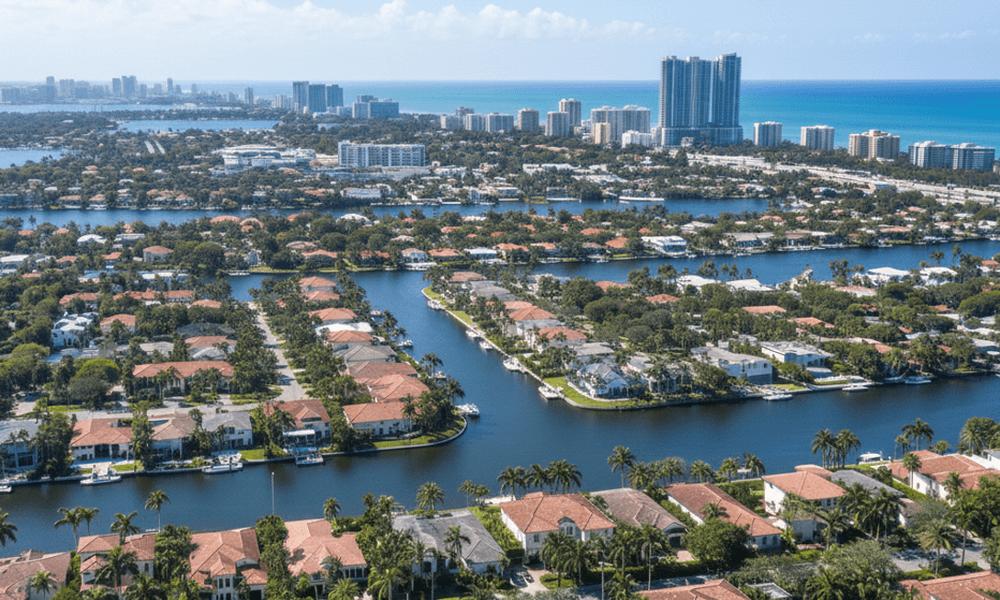 An image of upscale waterfront homes in Miami under a clear blue sky.