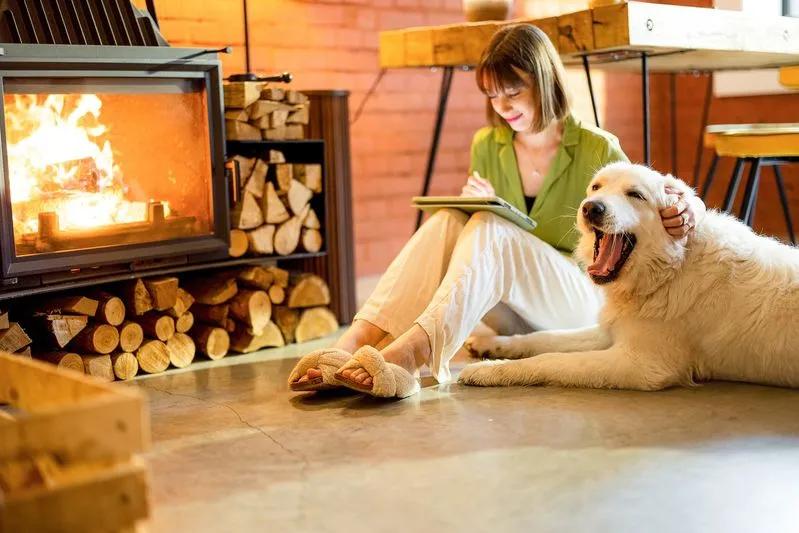 View of a woman relaxing by the fireplace with fresh indoor air and a happy dog.