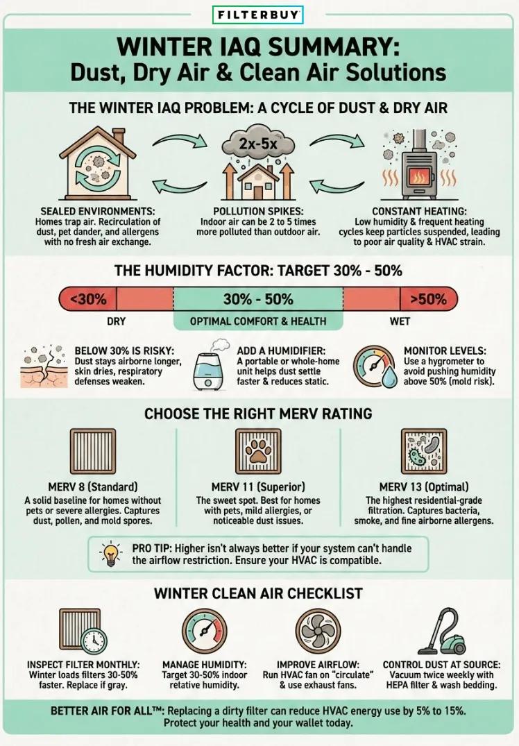 Infographic of Winter IAQ Tips: Dust, Dry Air & Clean Air Solutions