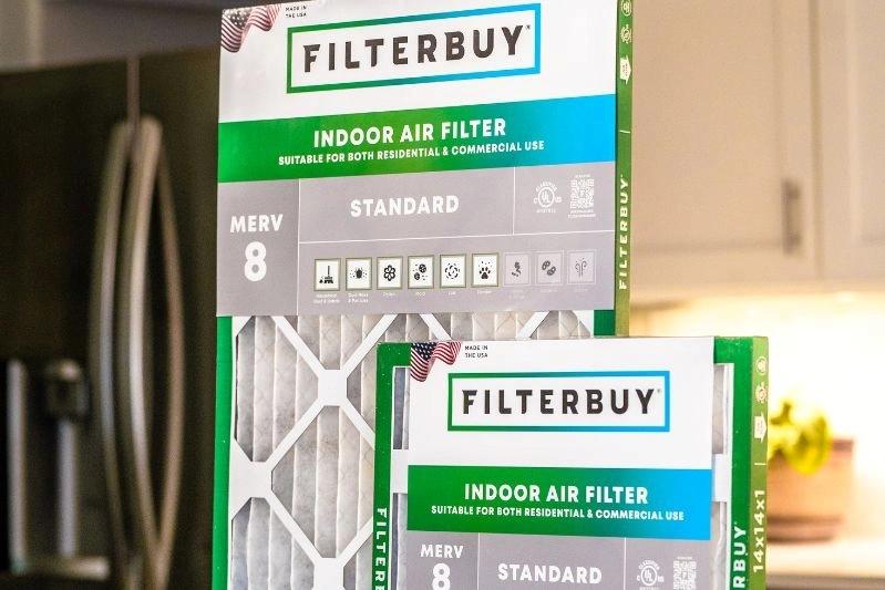 How the Air Knight Air Purifier System Works - An image of MERV 8 Standard Air Filter with a fridge background.