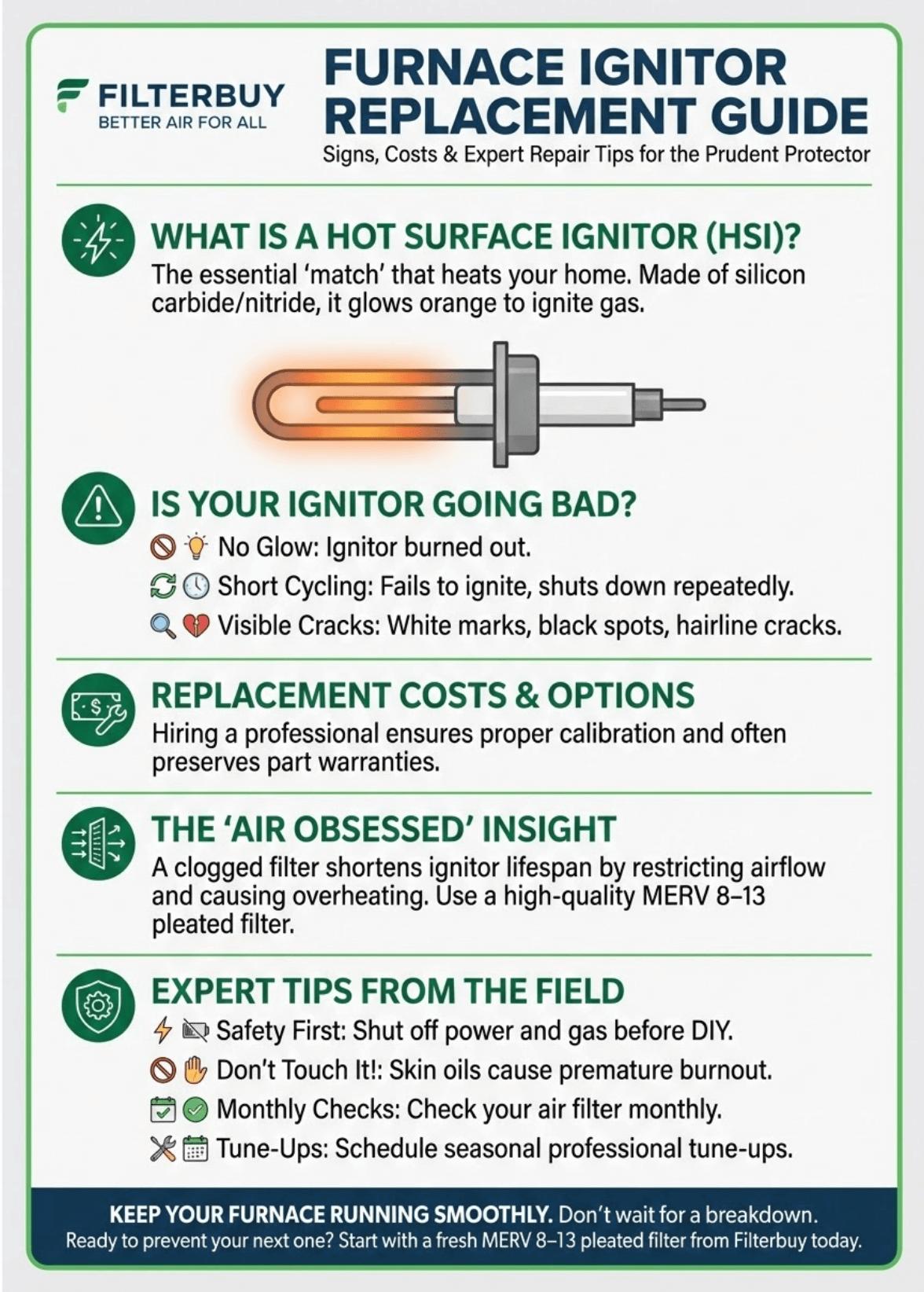 Furnace ignitor replacement guide showing hot surface ignitor, signs of failure, replacement costs, and expert HVAC maintenance tips from Filterbuy.