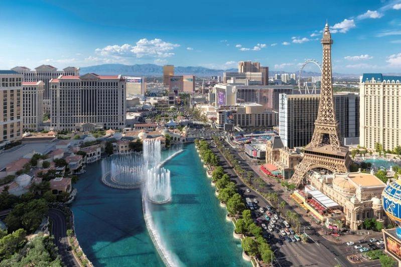 Cities Where Remote Workers Log the Most Hours - Images of the Las Vegas Strip with the Bellagio Fountains and the replica of the Eiffel Tower, showcasing the iconic landmarks and city skyline.