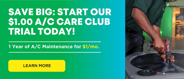 View of CTA banner promoting $1 A/C Care Club trial with image of technician performing HVAC maintenance.