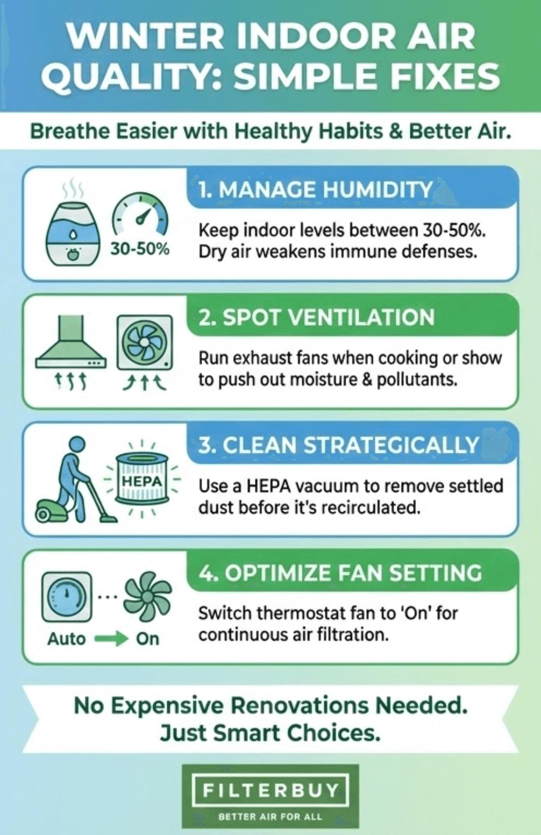 An image of a homeowner improving indoor air quality in winter using an air purifier and humidifier while reading tips on how to fix poor winter air quality at home.