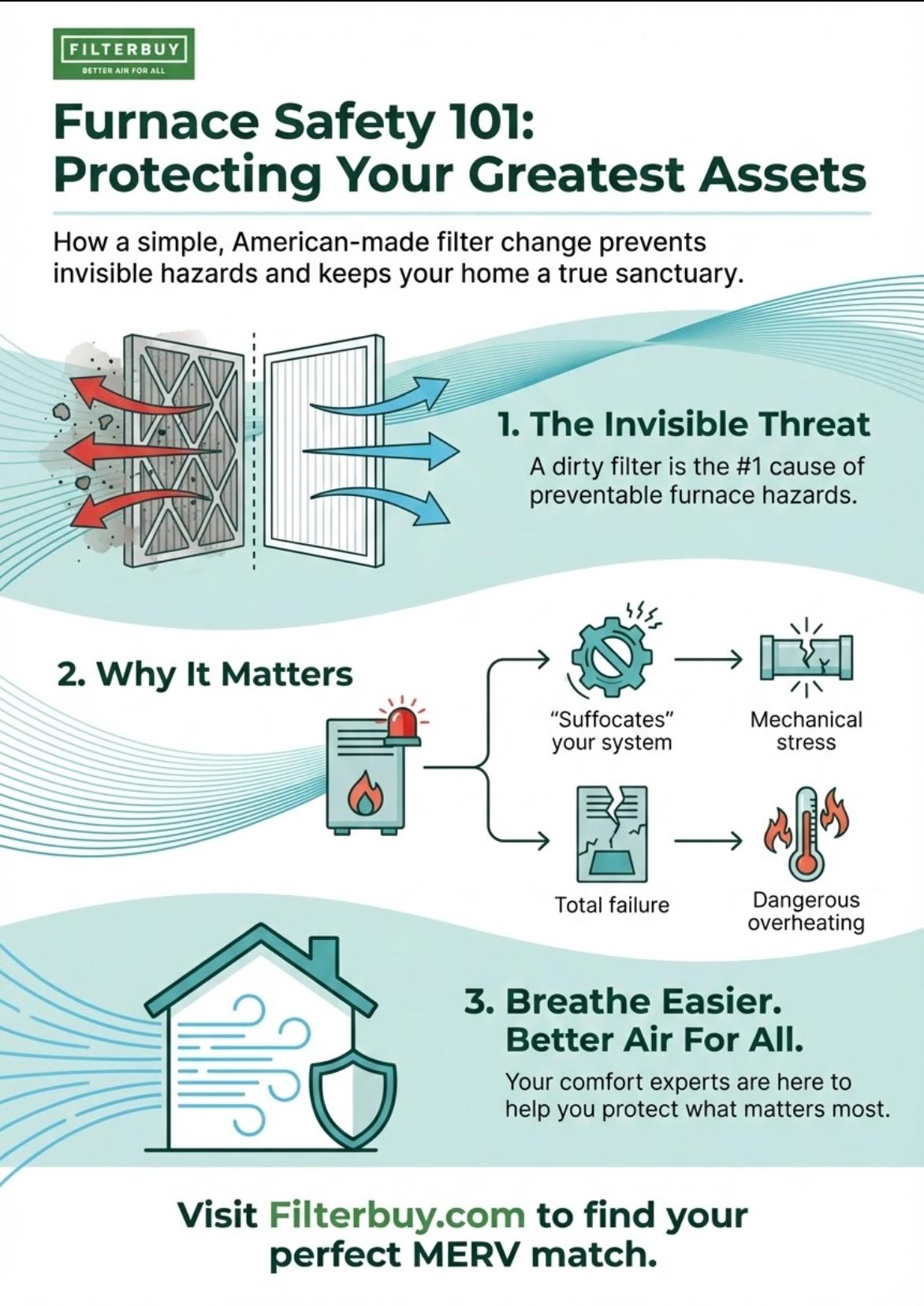 Infographic titled “Furnace Safety 101: How a Clean Filter Can Prevent Heating Hazards” showing how dirty filters cause mechanical stress, overheating, and furnace failure.