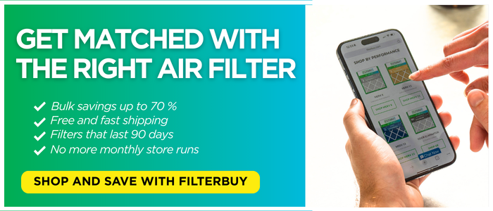 Filterbuy air filter matching tool showing how to find the right HVAC air filter with bulk savings, fast shipping, and long-lasting 90-day filters.