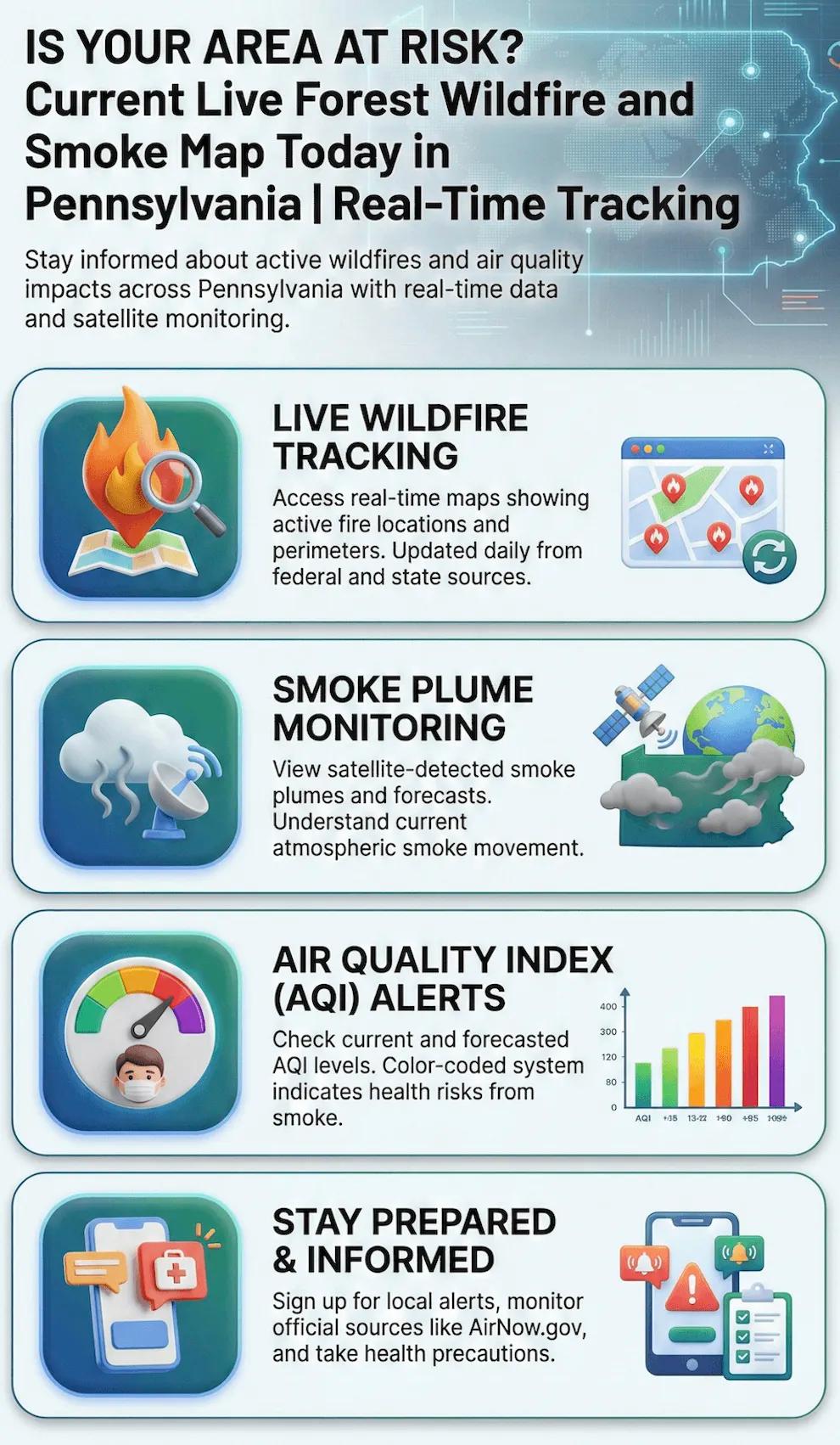 Infographic of Is Your Area at Risk? Current Live Forest Wildfire and Smoke Map Today in Pennsylvania | Real-Time Tracking