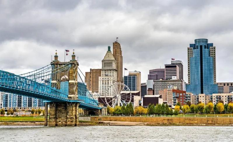 View of Cincinnati skyline and Roebling Bridge highlighting Ohio as a state facing elevated eviction or foreclosure risks.
