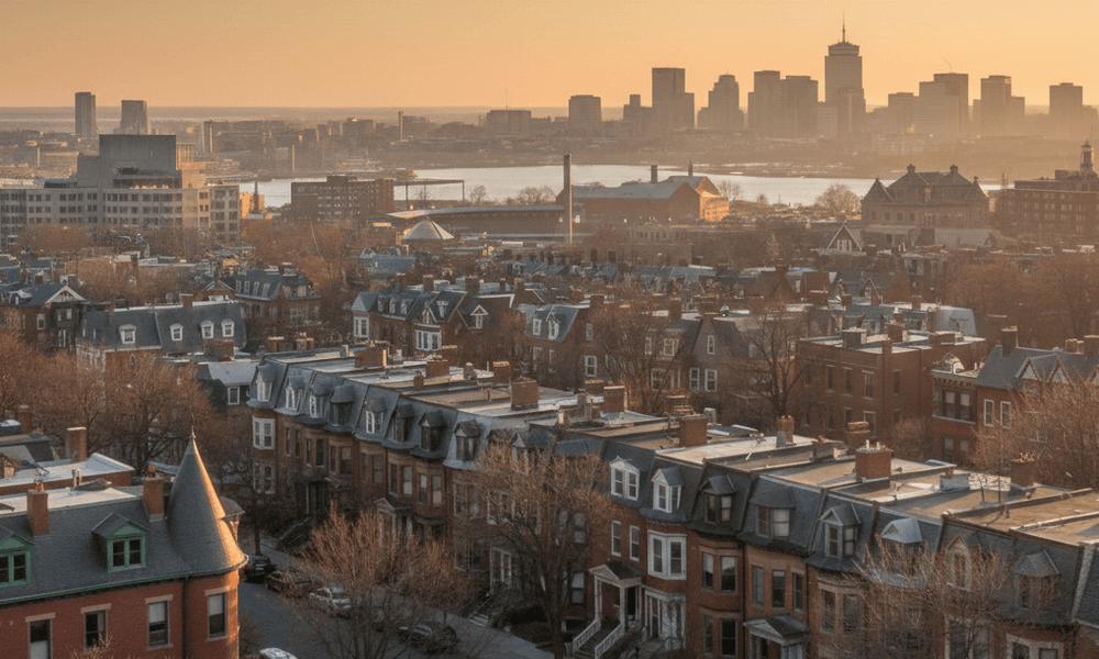 An image of historic red-brick brownstones in Boston with the city skyline in the background.