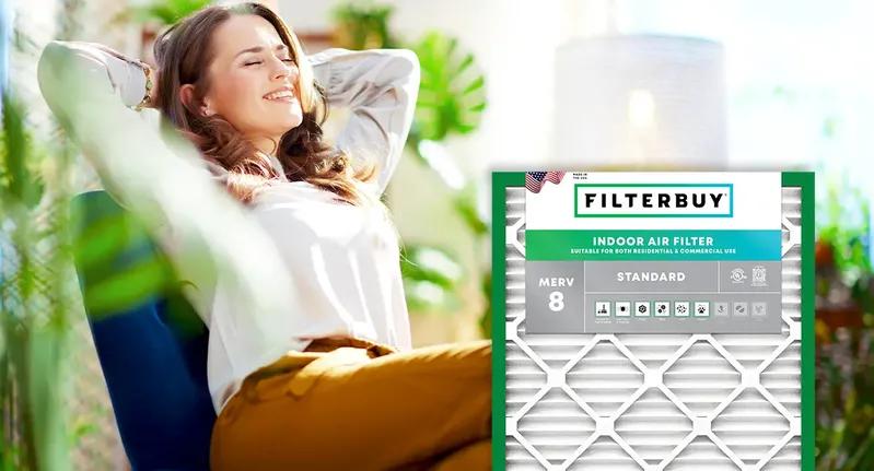 View of a relaxed woman enjoying clean indoor air next to a reliable 18x30x4 air filter, emphasizing its long-lasting performance and superior air purification.
